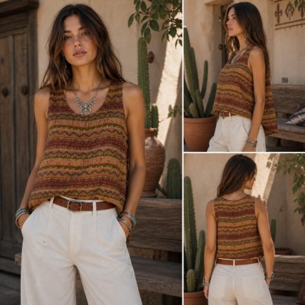 Vtg Womens 100% Silk Tank Top S Aztec Tribal Print Boho Chic Soft Grunge